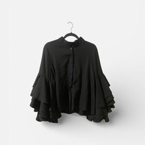 Farrow Button Front Ruffled Blouse Womens Large L Black Solid